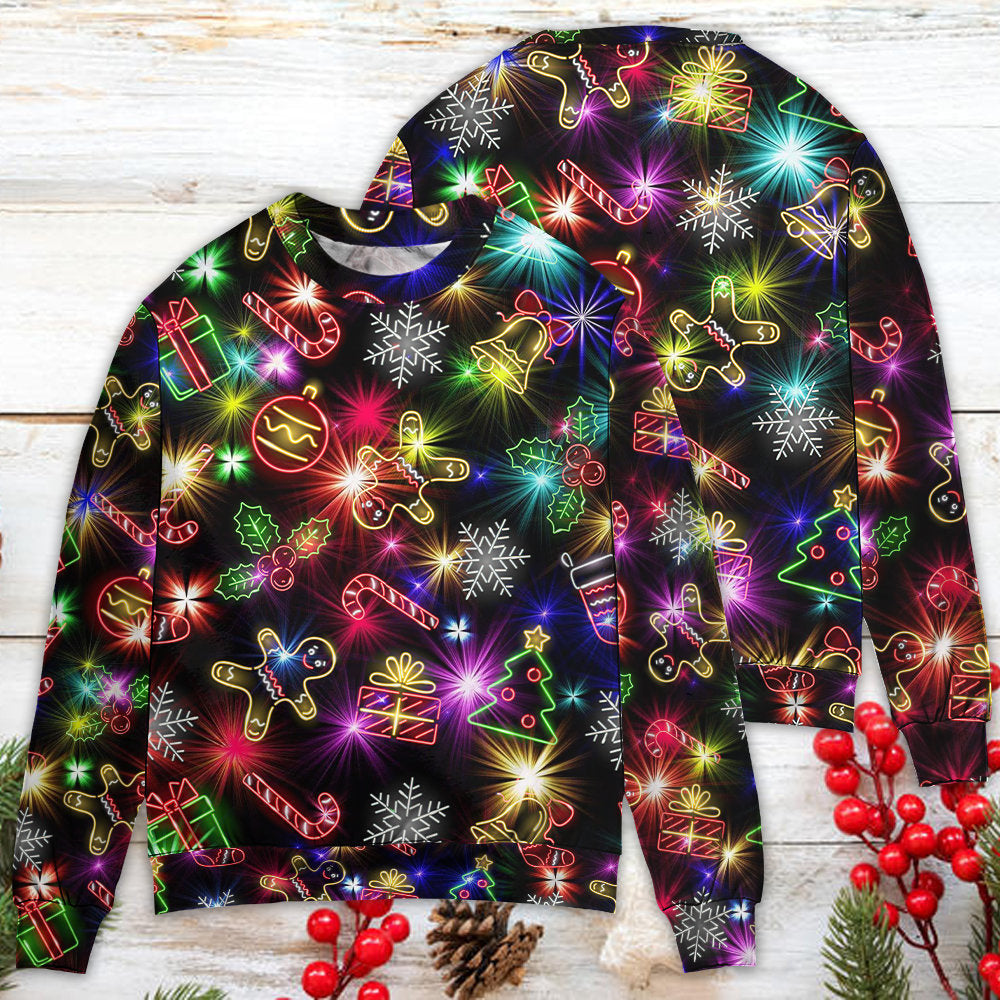 Christmas With Tree And Gift Cookies Gingerbread Man Neon Style New Ugly Sweaters