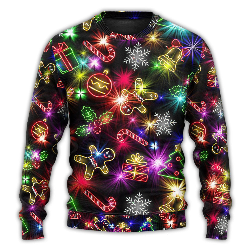 Christmas With Tree And Gift Cookies Gingerbread Man Neon Style New Ugly Sweaters