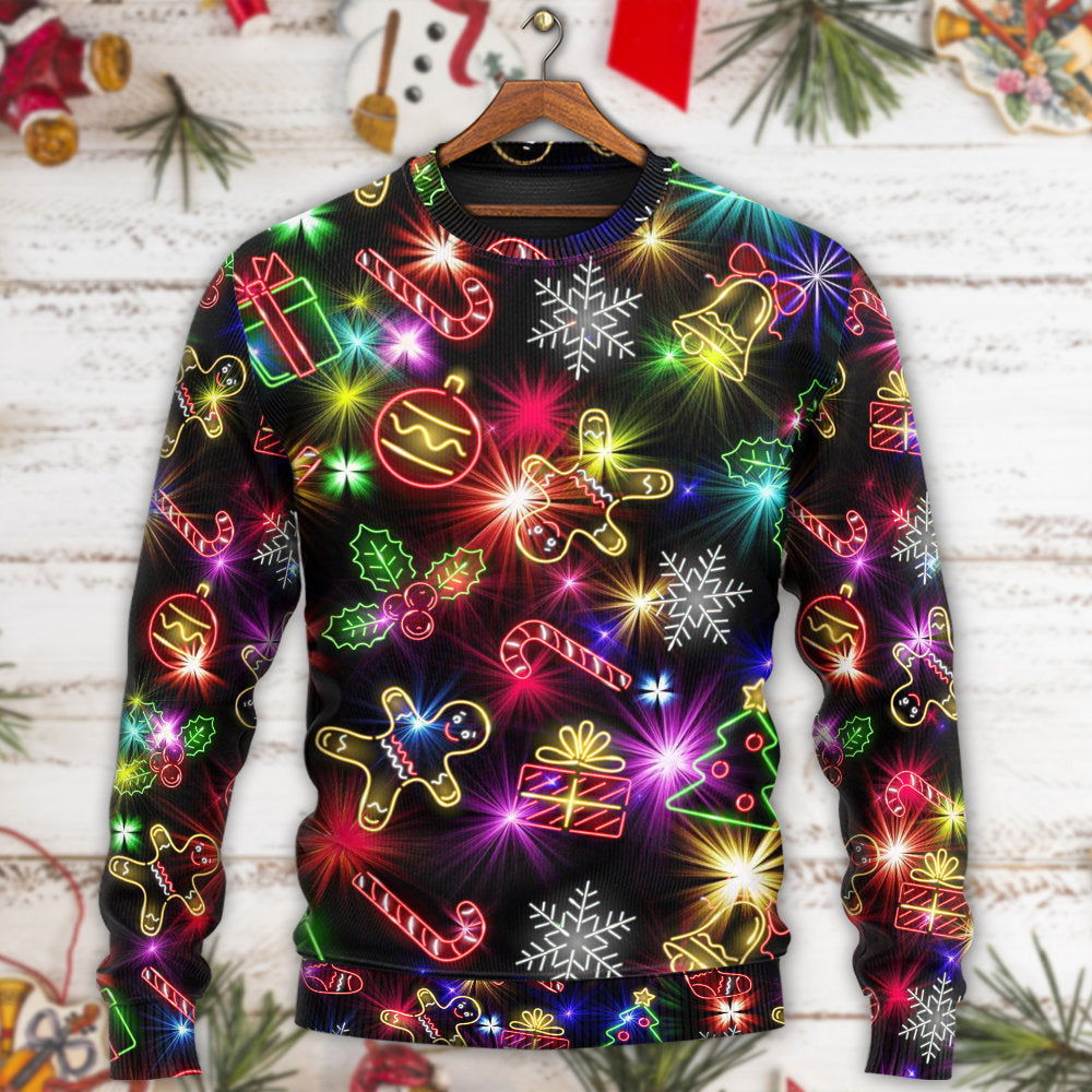 Christmas With Tree And Gift Cookies Gingerbread Man Neon Style New Ugly Sweaters