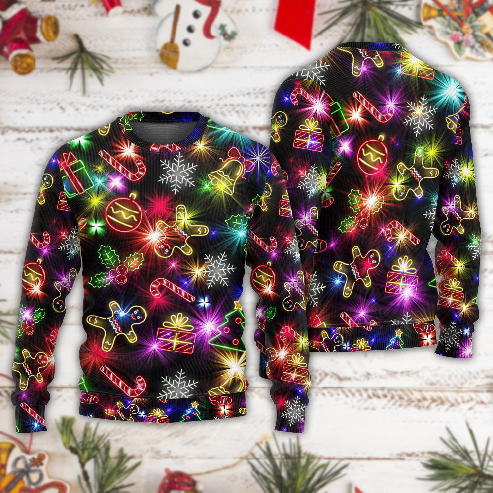 Christmas With Tree And Gift Cookies Gingerbread Man Neon Style New Ugly Sweaters