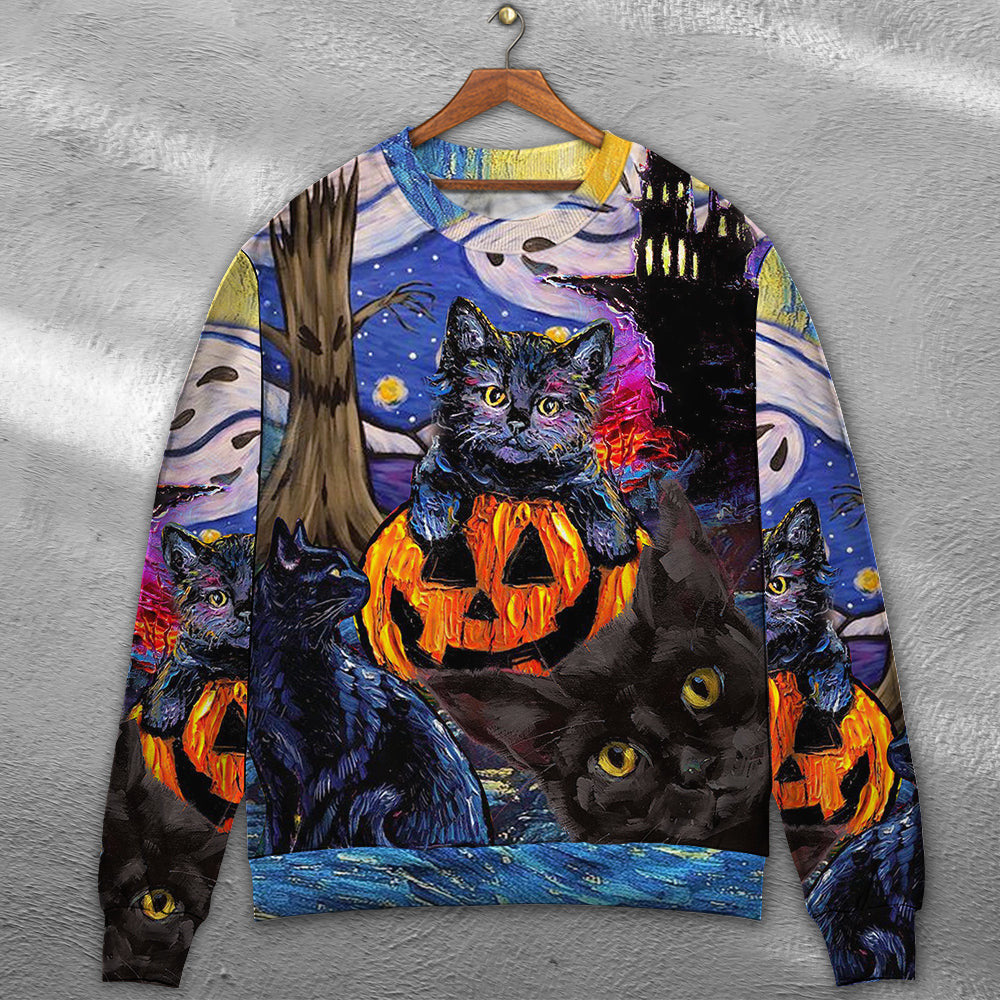 Halloween Black Cat Starry Night Funny Painting Art Style Ugly Christmas Sweaters