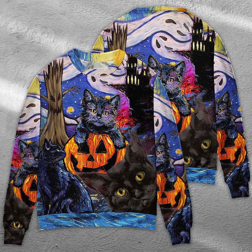 Halloween Black Cat Starry Night Funny Painting Art Style Ugly Christmas Sweaters