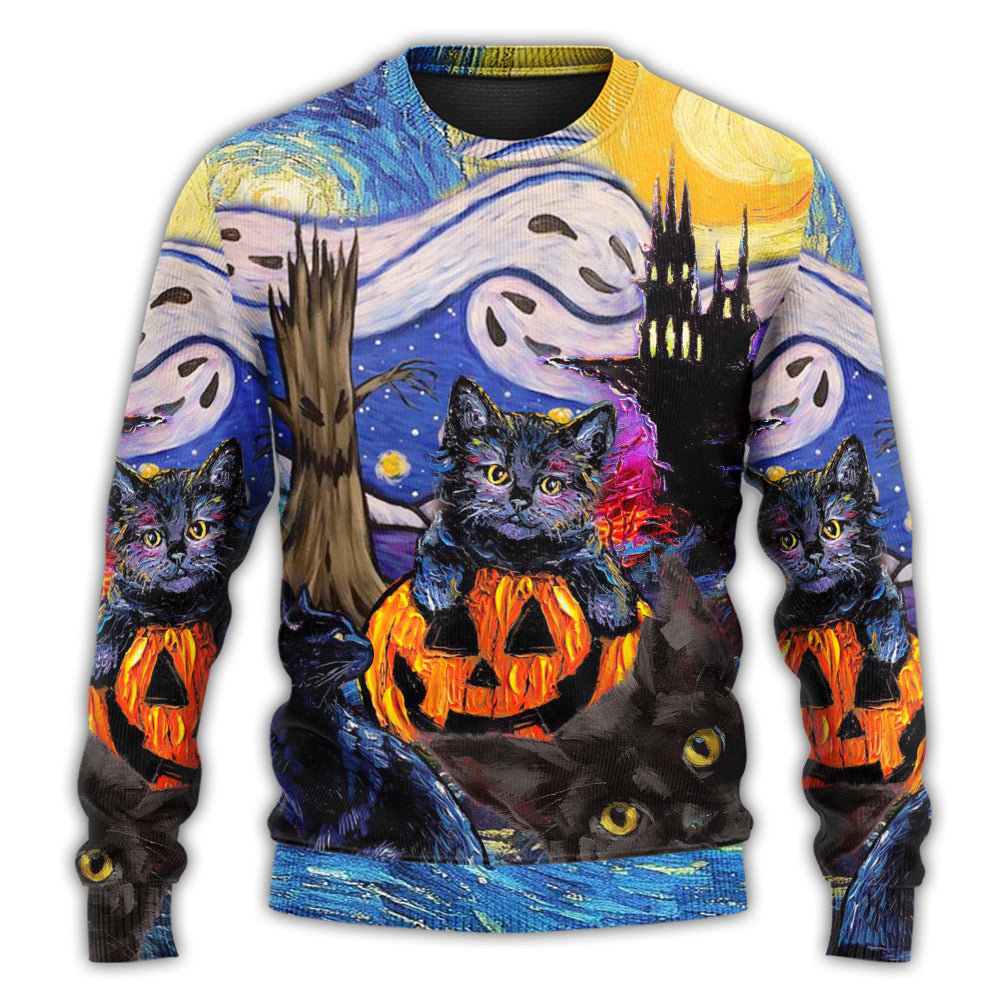 Halloween Black Cat Starry Night Funny Painting Art Style Ugly Christmas Sweaters