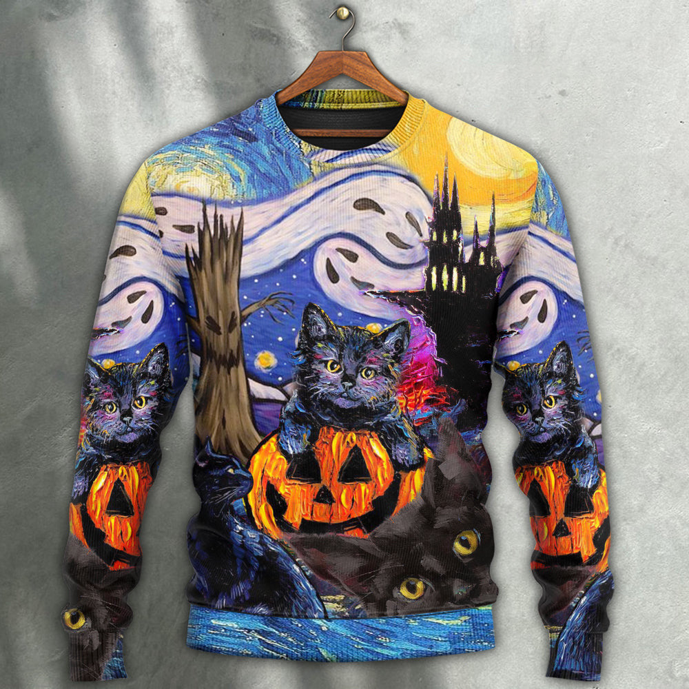 Halloween Black Cat Starry Night Funny Painting Art Style Ugly Christmas Sweaters
