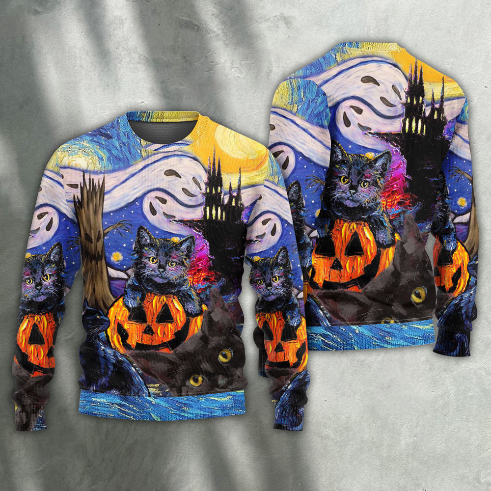 Halloween Black Cat Starry Night Funny Painting Art Style Ugly Christmas Sweaters