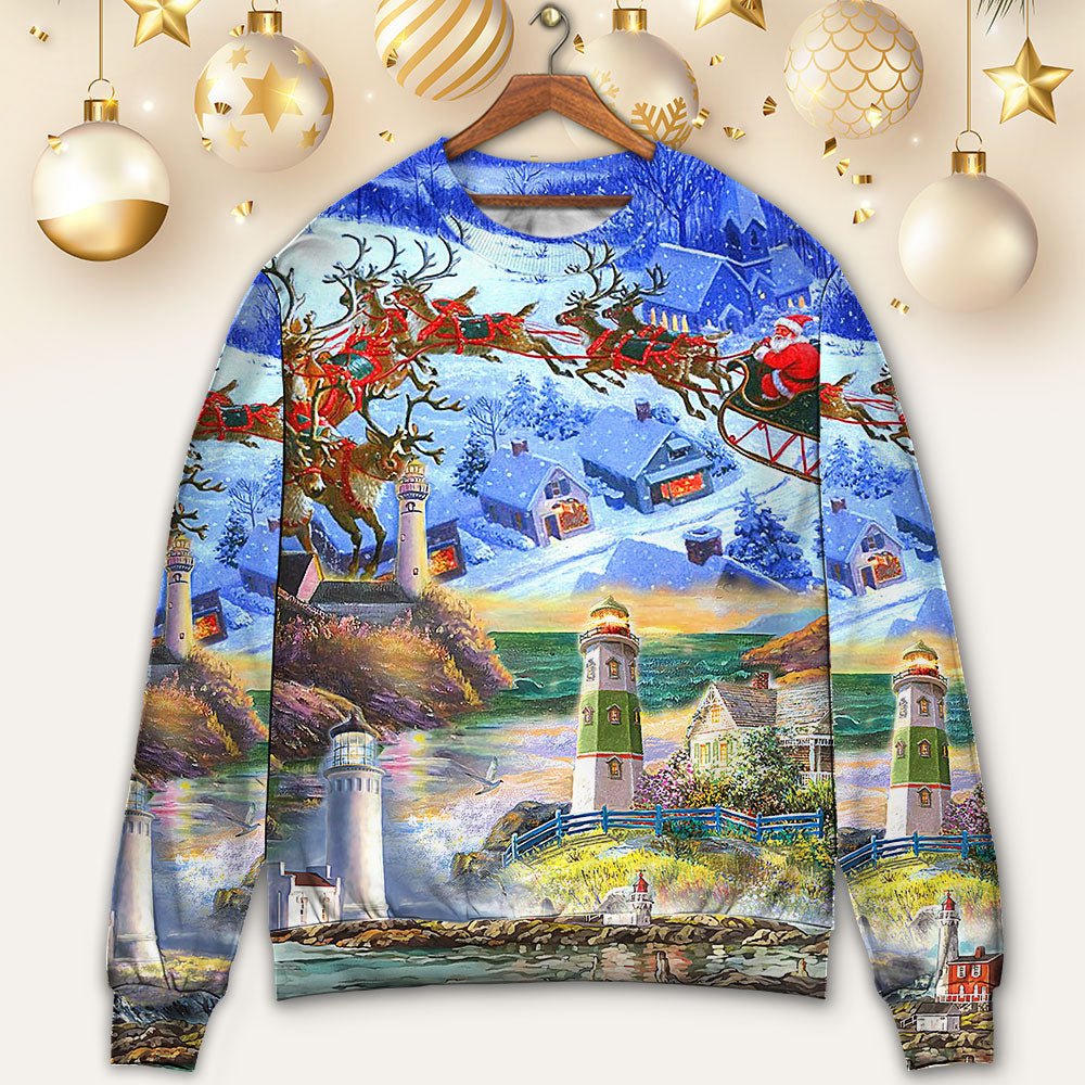 Lighthouse Christmas Santa Through The Storm Ugly Sweaters