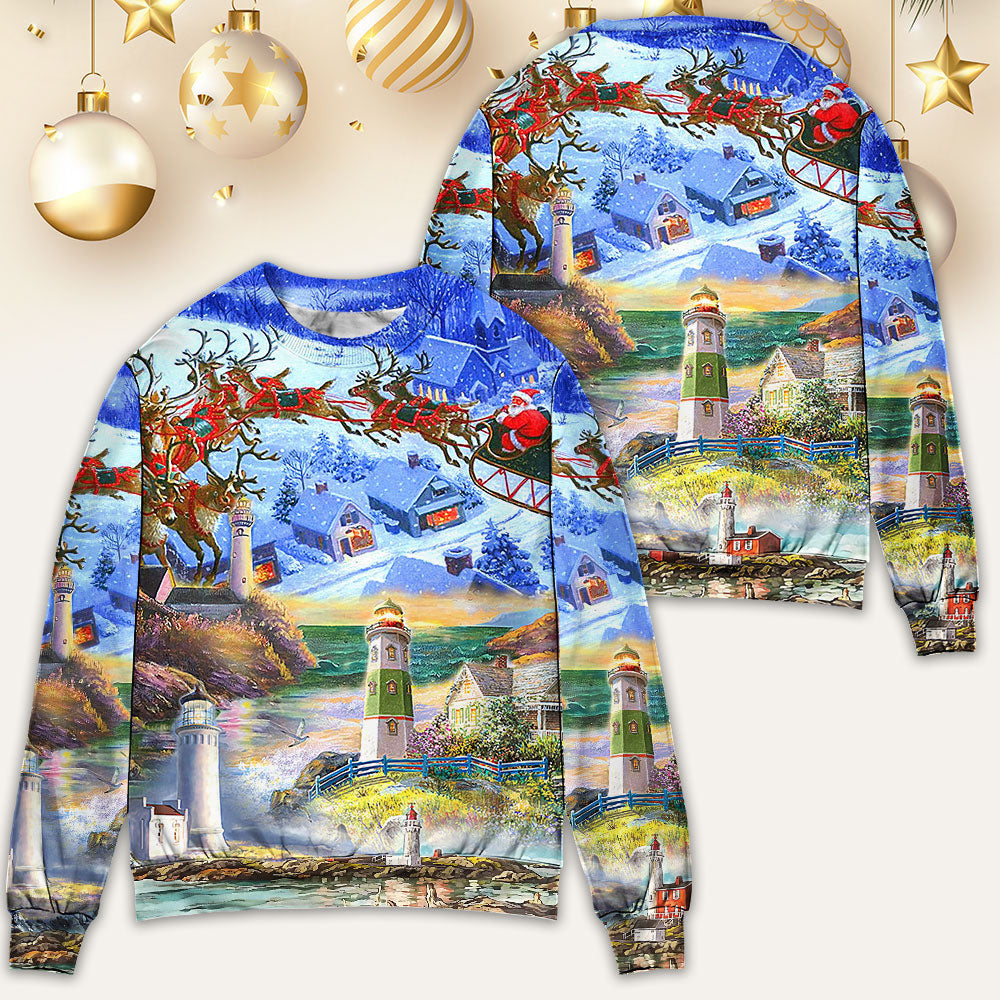 Lighthouse Christmas Santa Through The Storm Ugly Sweaters