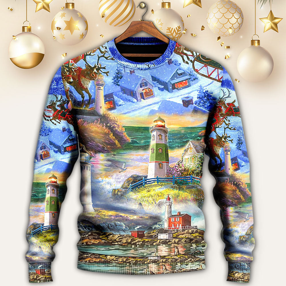Lighthouse Christmas Santa Through The Storm Ugly Sweaters