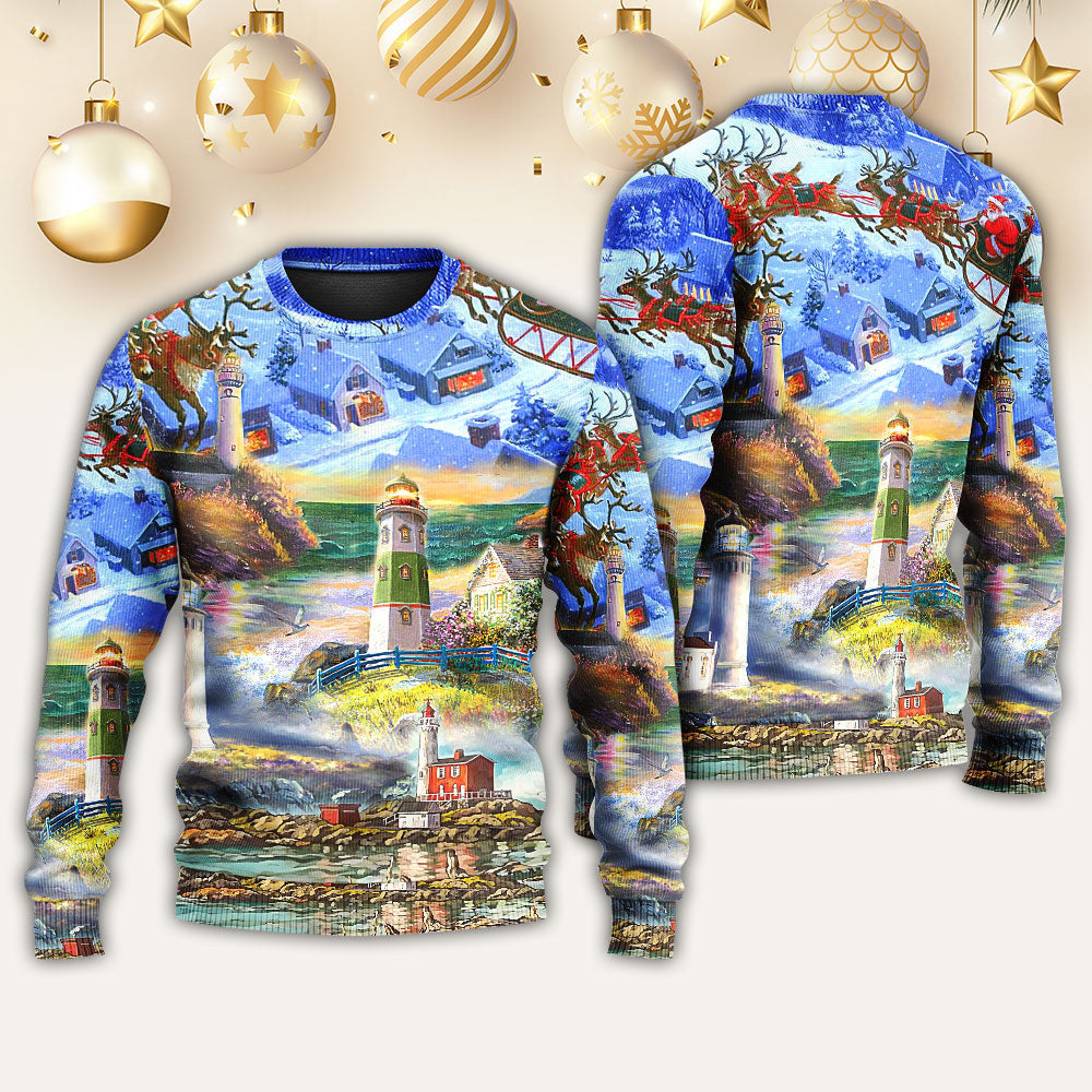 Lighthouse Christmas Santa Through The Storm Ugly Sweaters