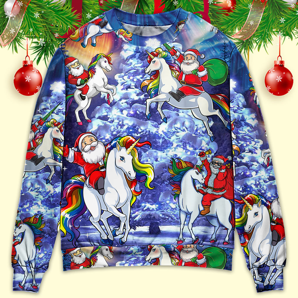Christmas Funny Santa Claus Riding Unicorn Rainbow Sky Night Ugly Sweaters