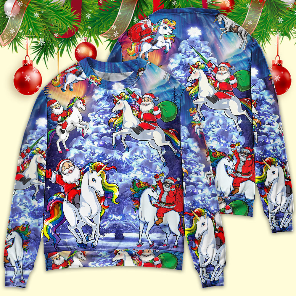 Christmas Funny Santa Claus Riding Unicorn Rainbow Sky Night Ugly Sweaters