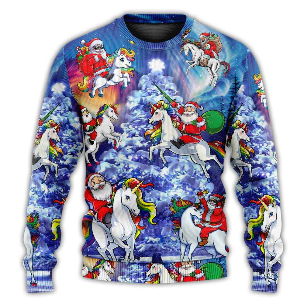 Christmas Funny Santa Claus Riding Unicorn Rainbow Sky Night Ugly Sweaters