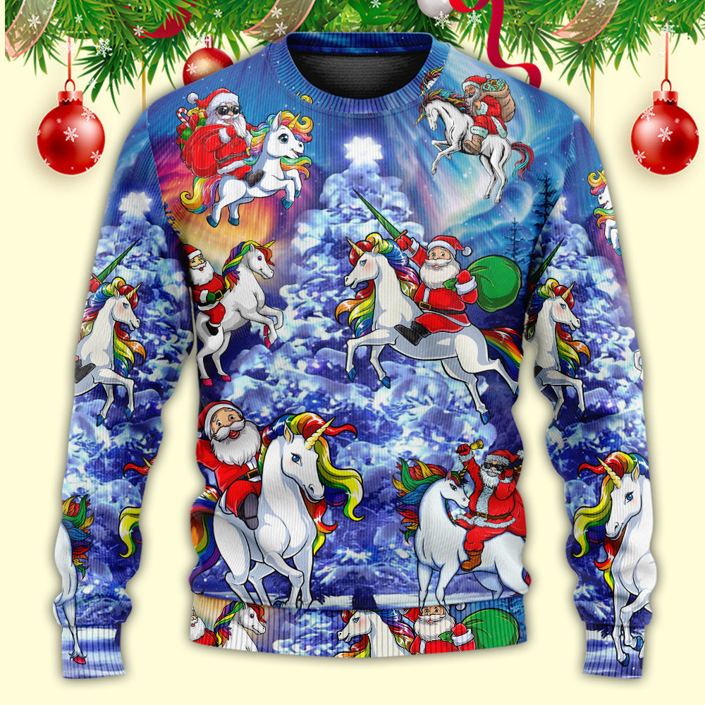 Christmas Funny Santa Claus Riding Unicorn Rainbow Sky Night Ugly Sweaters