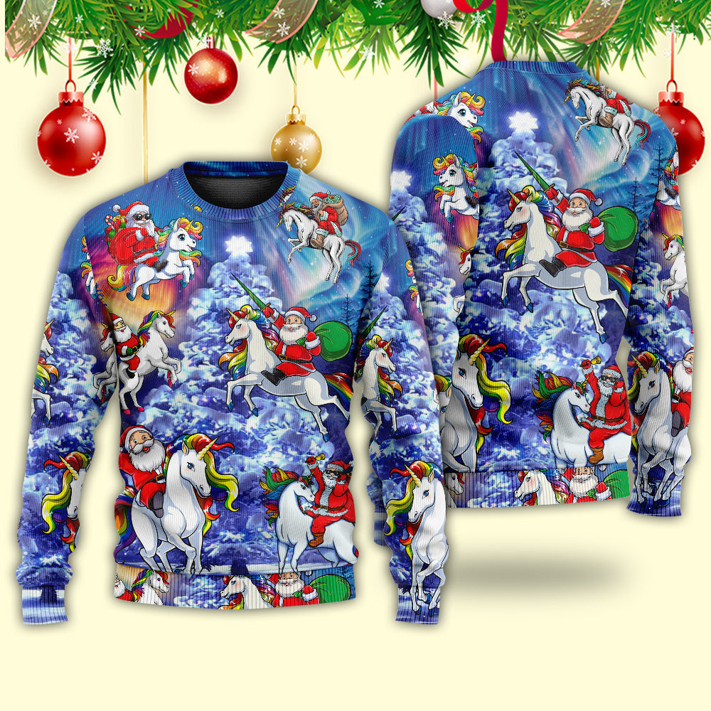 Christmas Funny Santa Claus Riding Unicorn Rainbow Sky Night Ugly Sweaters