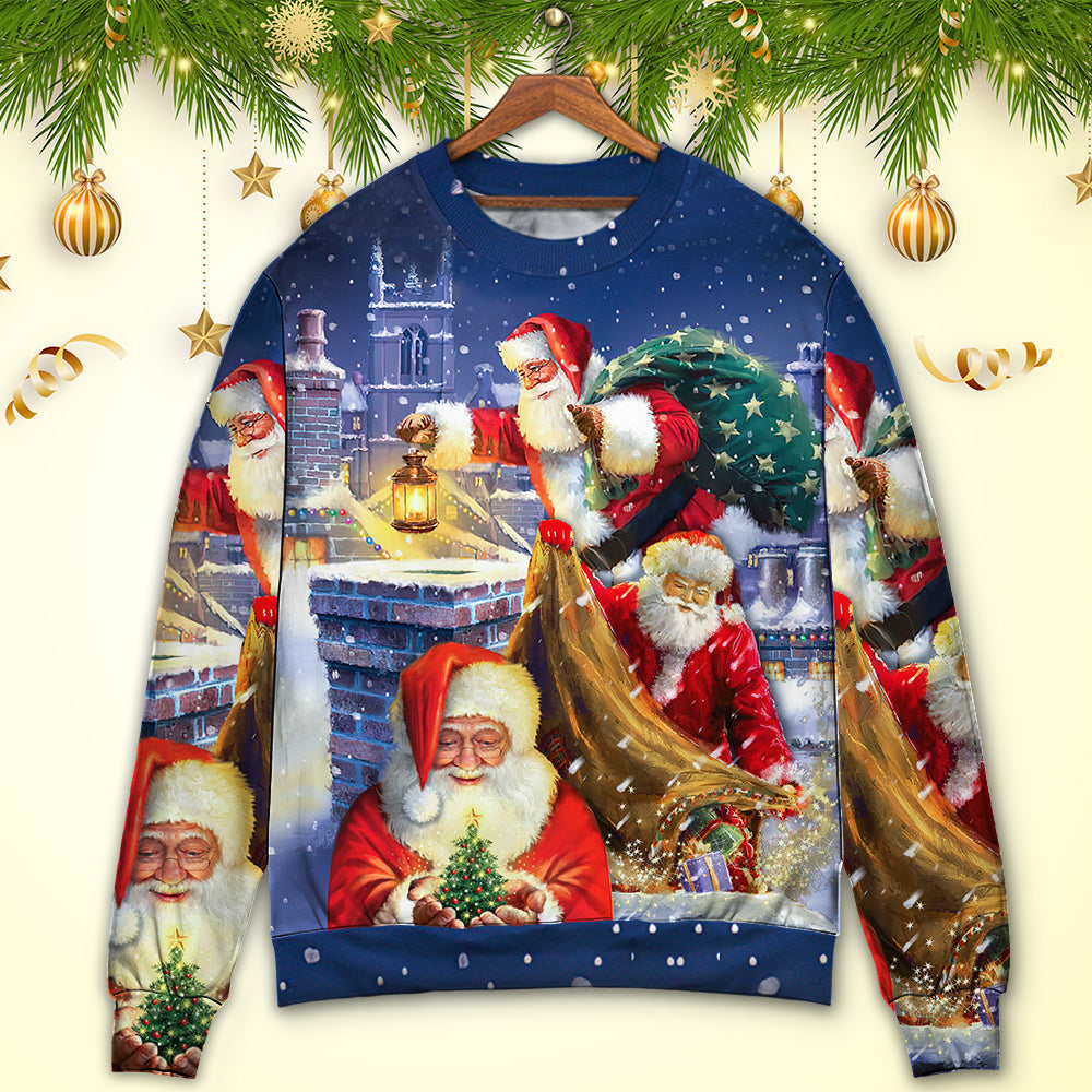 Christmas Funny Santa Claus Up On Rooftop Art Style Ugly Sweaters