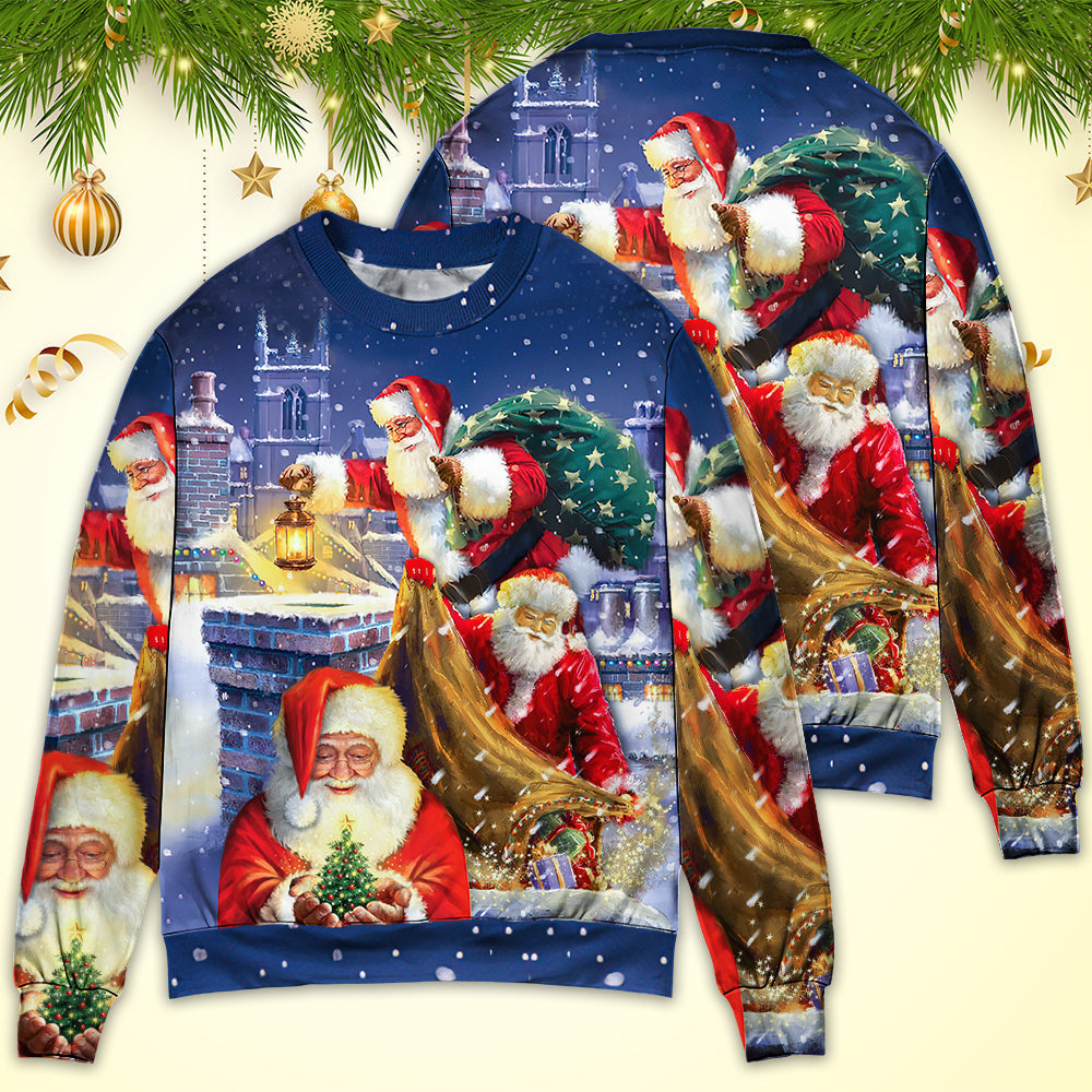 Christmas Funny Santa Claus Up On Rooftop Art Style Ugly Sweaters