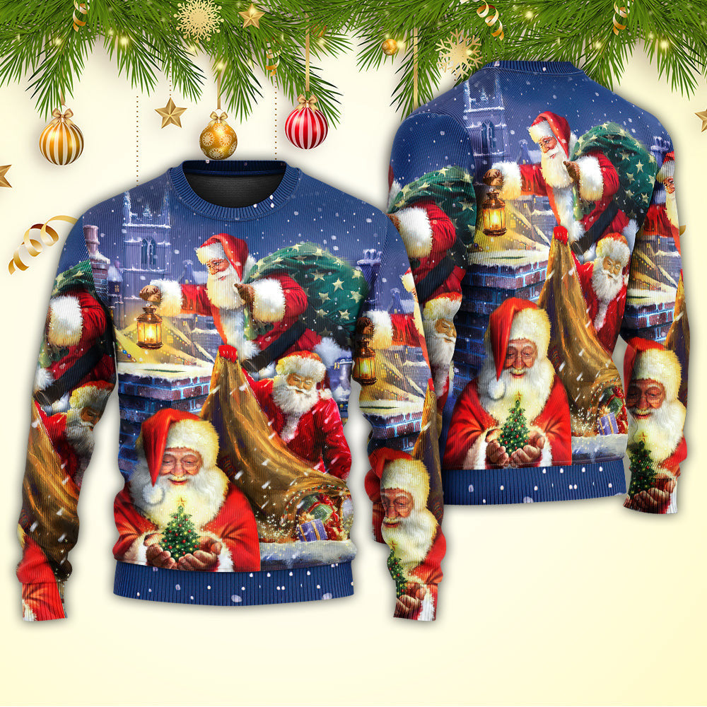 Christmas Funny Santa Claus Up On Rooftop Art Style Ugly Sweaters