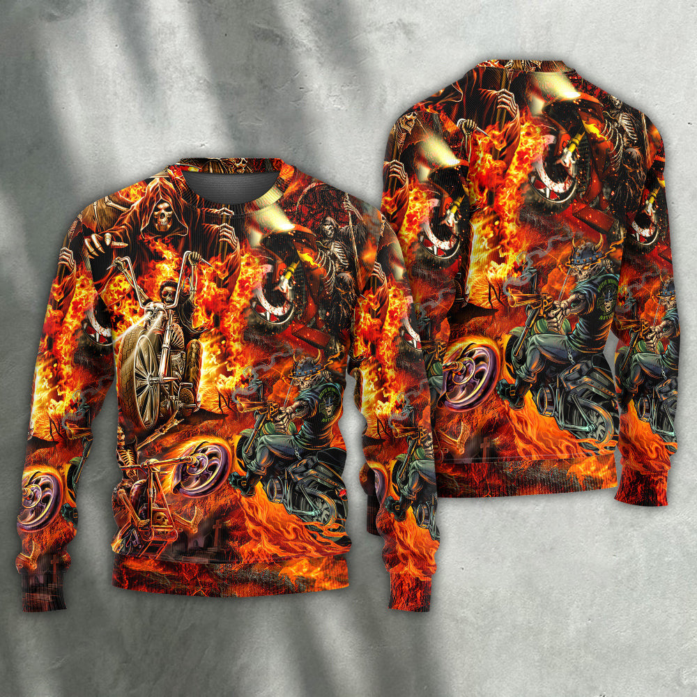 Motorcycle Lover Skull Fire Burning Art Style Ugly Christmas Sweaters