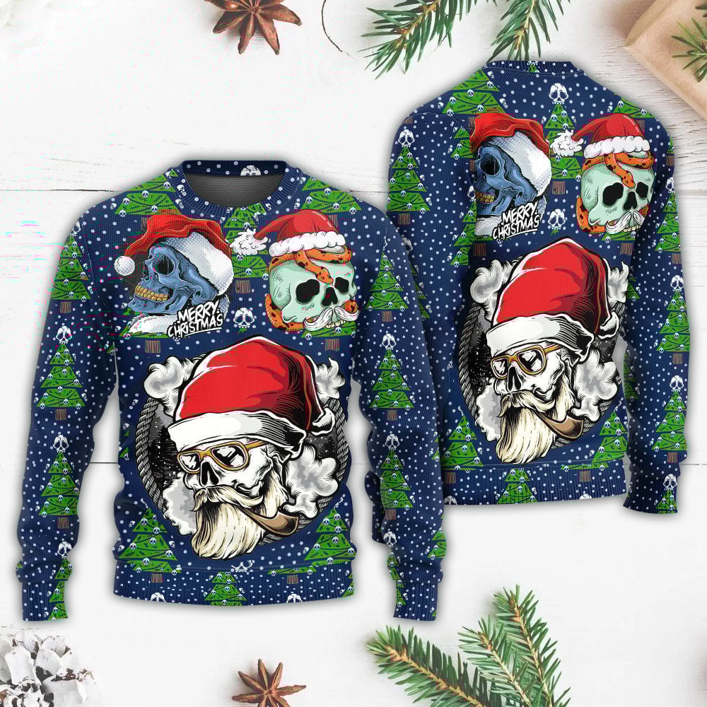Christmas Skull With Santa Hat Merry Snow Ugly Sweaters