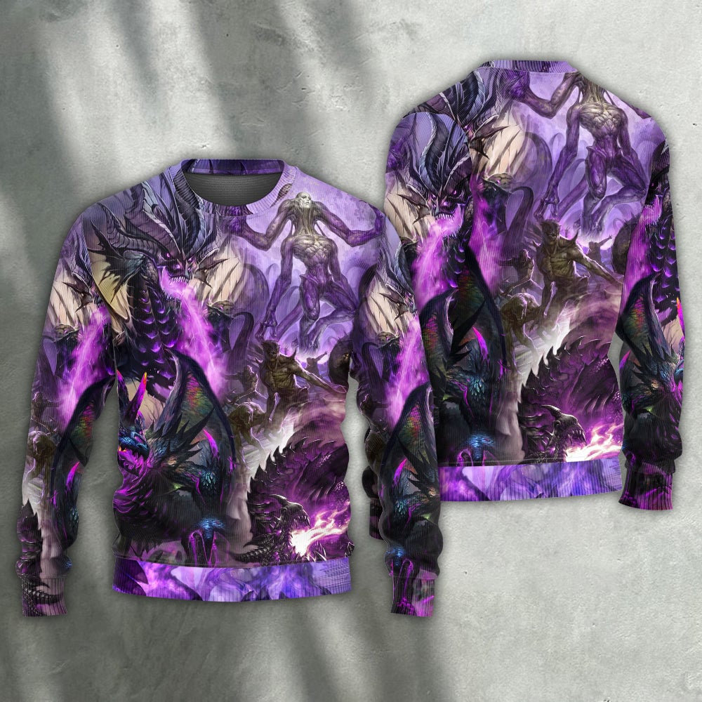Dragon Purple Skull Monster Lightning Fight Art Style Ugly Christmas Sweaters