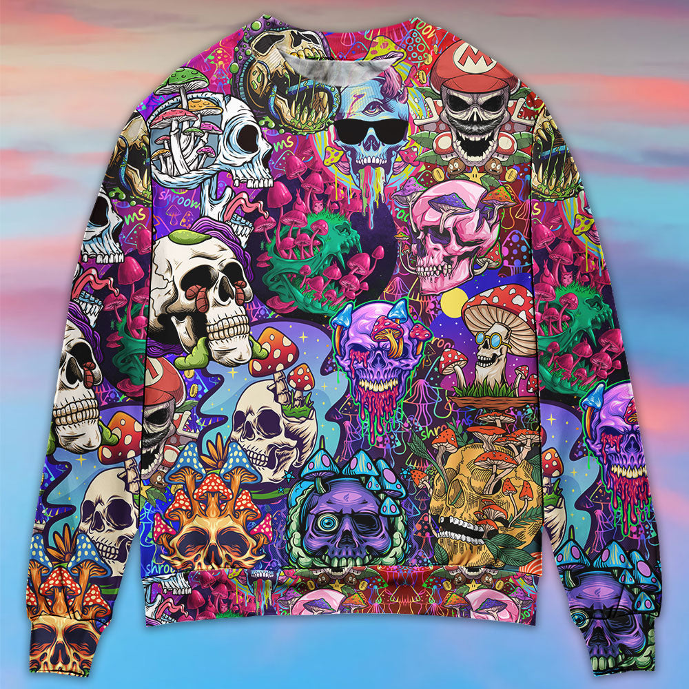 Hippie Mushroom And Skull Colorful Art Ugly Christmas Sweaters