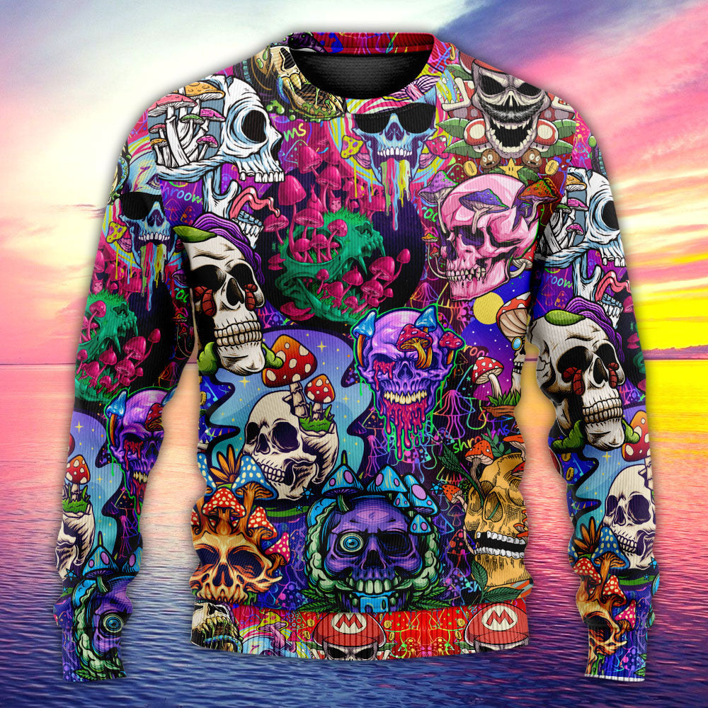 Hippie Mushroom And Skull Colorful Art Ugly Christmas Sweaters