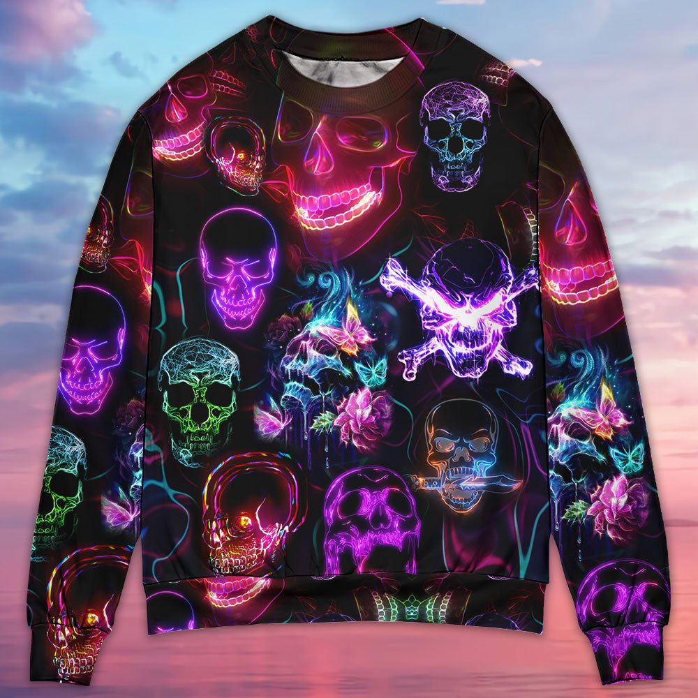 Skull Neon Art Happy Holiday Ugly Christmas Sweaters