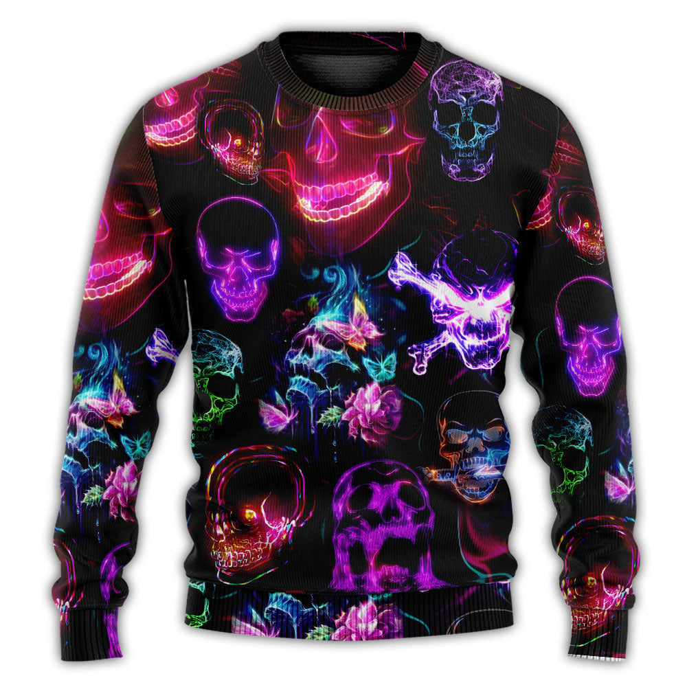 Skull Neon Art Happy Holiday Ugly Christmas Sweaters