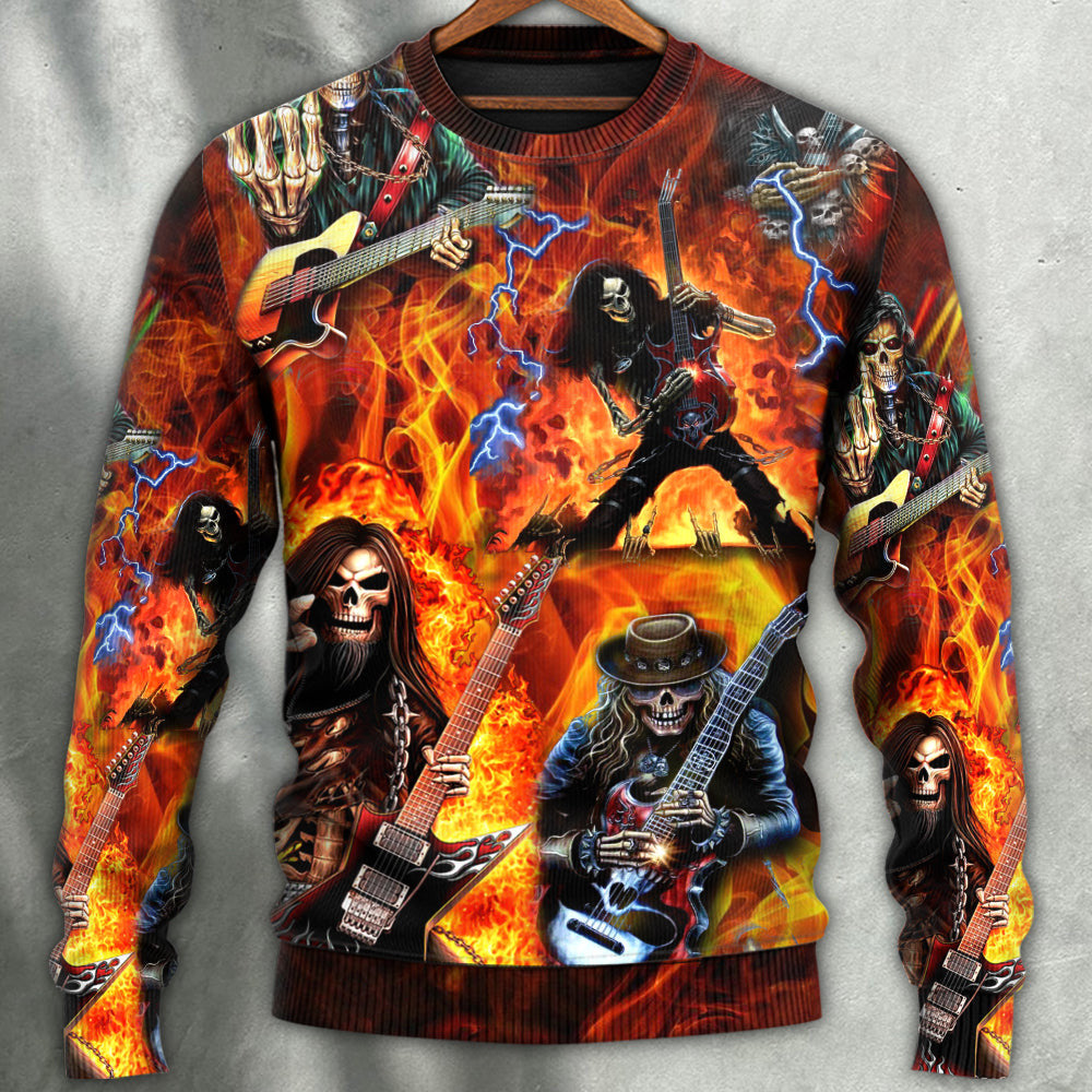 Guitar Skull Fire So Hot Ugly Christmas Sweaters