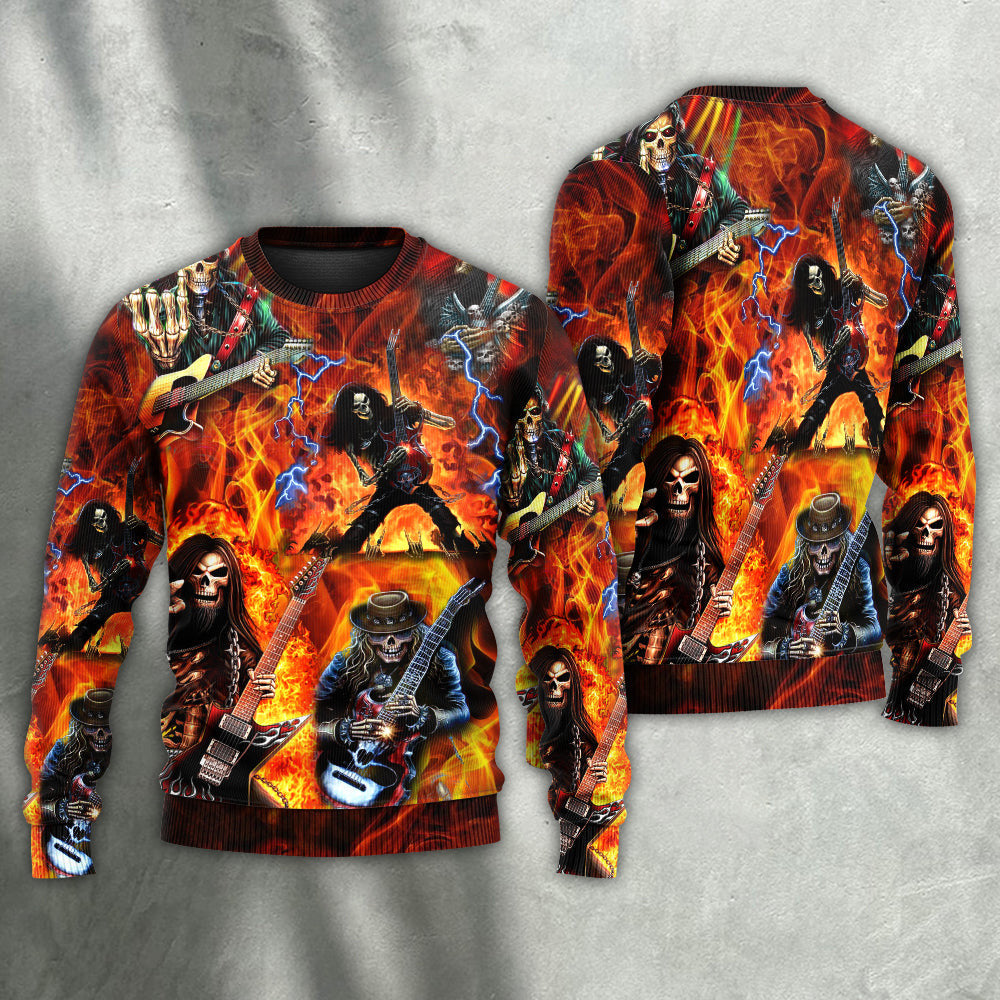 Guitar Skull Fire So Hot Ugly Christmas Sweaters