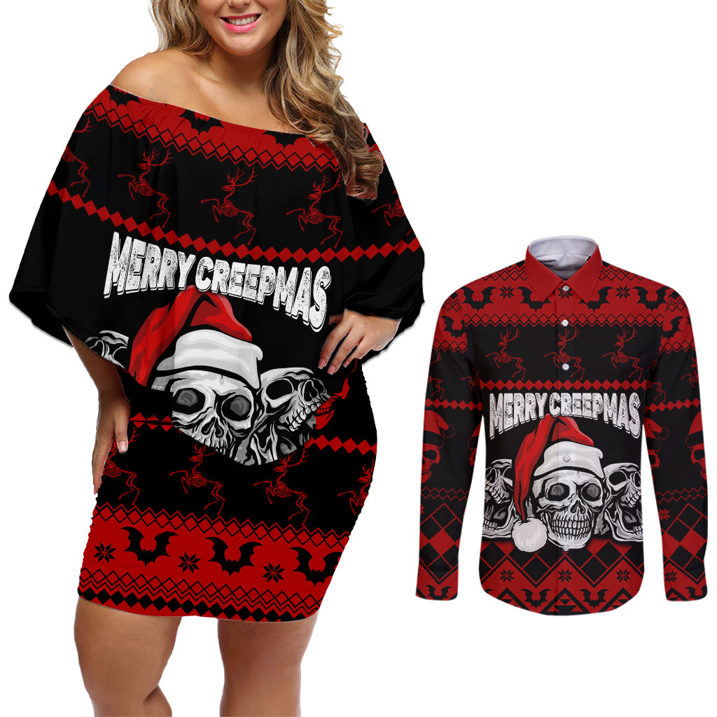 custom-christmas-couples-matching-off-shoulder-short-dress-and-long-sleeve-button-shirt-gothic-skull-creepmas
