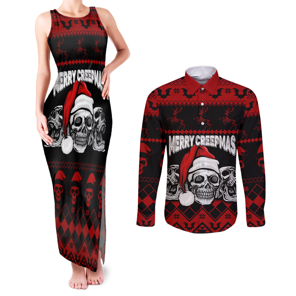 custom-christmas-couples-matching-tank-maxi-dress-and-long-sleeve-button-shirt-gothic-skull-creepmas