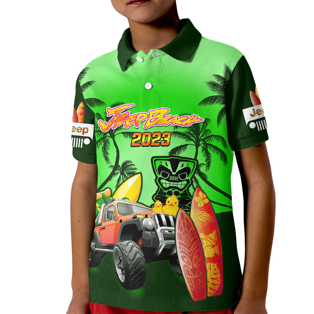 personalised-green-jeep-beach-2023-kid-polo-shirt-happy-20th-anniversary