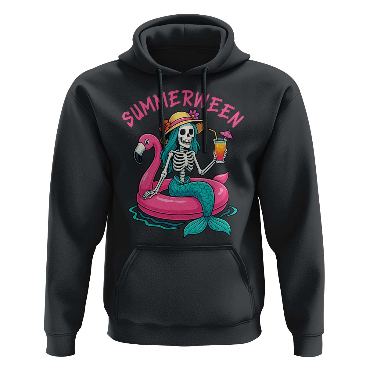 Summerween Skeleton Mermaid Hoodie Flamingo Float Funny Spooky Summer Halloween Vibes - The Mazicc