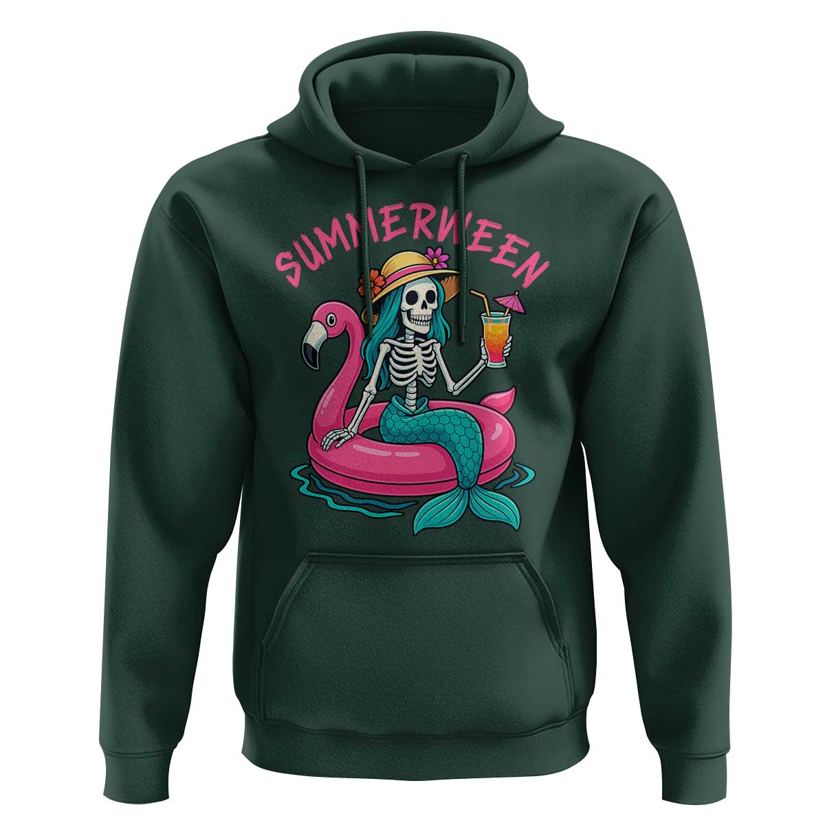 Summerween Skeleton Mermaid Hoodie Flamingo Float Funny Spooky Summer Halloween Vibes - The Mazicc