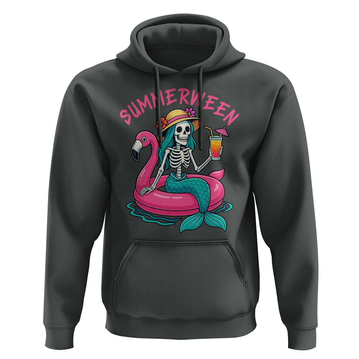Summerween Skeleton Mermaid Hoodie Flamingo Float Funny Spooky Summer Halloween Vibes - The Mazicc