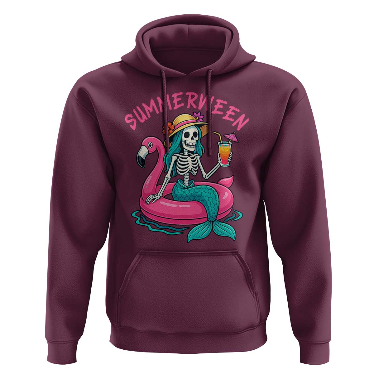 Summerween Skeleton Mermaid Hoodie Flamingo Float Funny Spooky Summer Halloween Vibes - The Mazicc