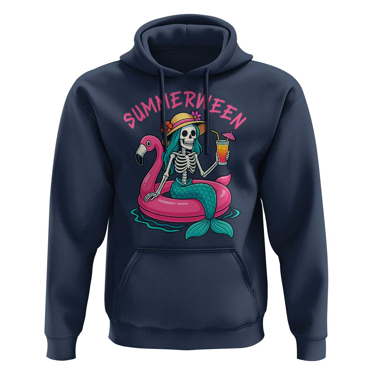 Summerween Skeleton Mermaid Hoodie Flamingo Float Funny Spooky Summer Halloween Vibes - The Mazicc