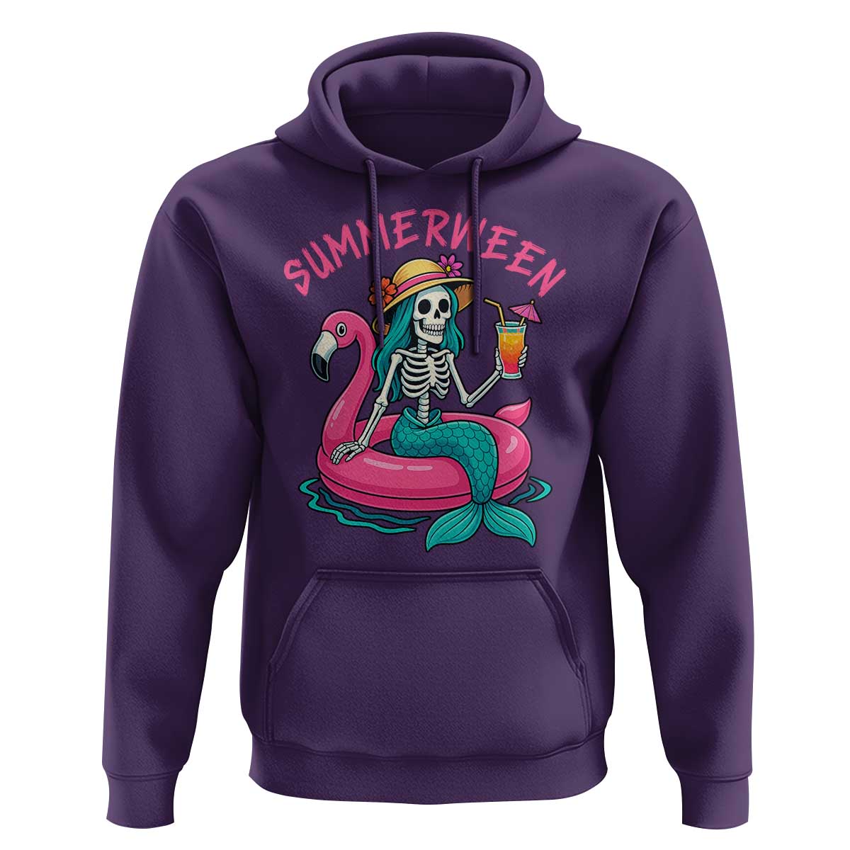 Summerween Skeleton Mermaid Hoodie Flamingo Float Funny Spooky Summer Halloween Vibes - The Mazicc