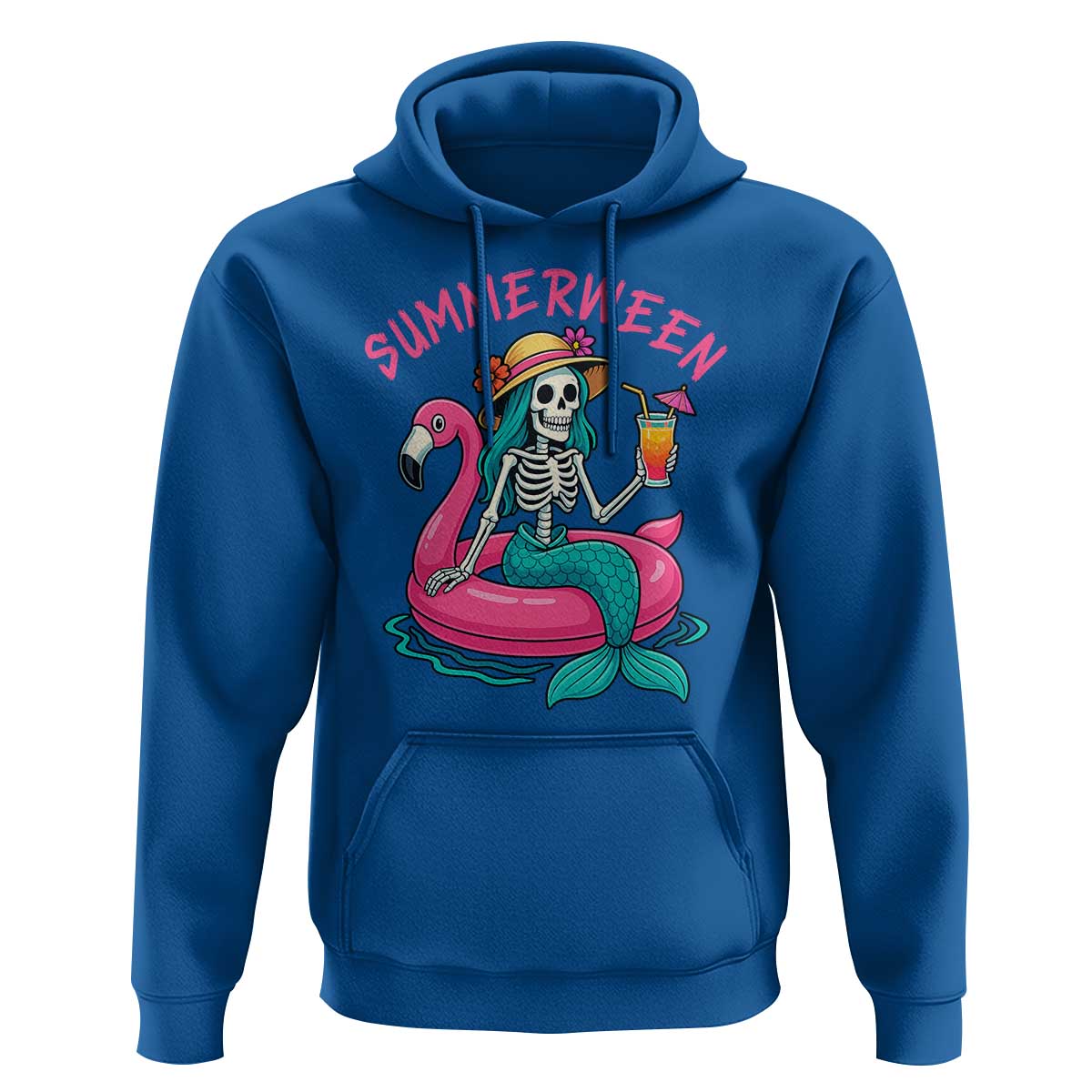 Summerween Skeleton Mermaid Hoodie Flamingo Float Funny Spooky Summer Halloween Vibes - The Mazicc
