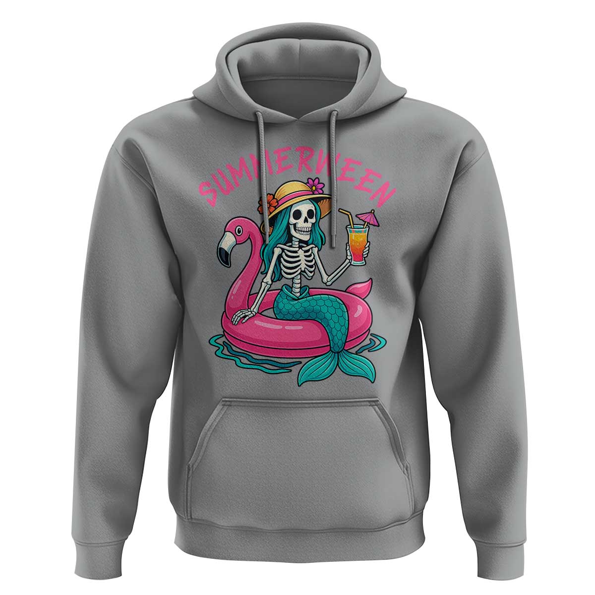 Summerween Skeleton Mermaid Hoodie Flamingo Float Funny Spooky Summer Halloween Vibes - The Mazicc