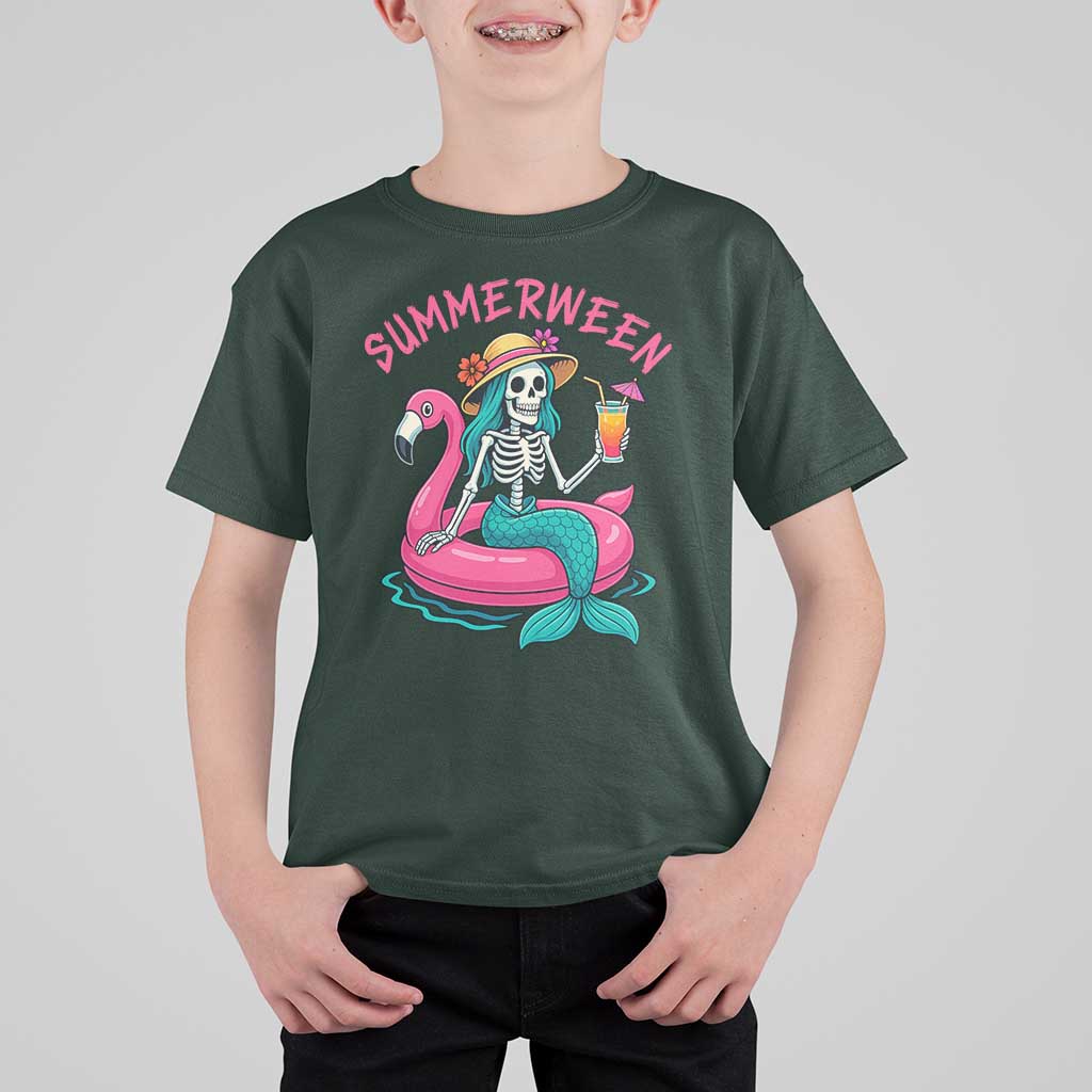 Summerween Skeleton Mermaid T Shirt For Kid Flamingo Float Funny Spooky Summer Halloween Vibes - The Mazicc