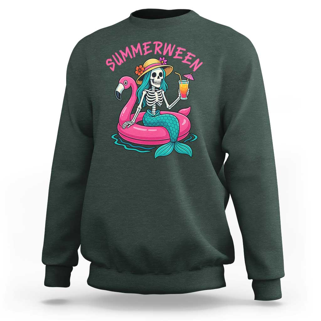 Summerween Skeleton Mermaid Sweatshirt Flamingo Float Funny Spooky Summer Halloween Vibes - The Mazicc