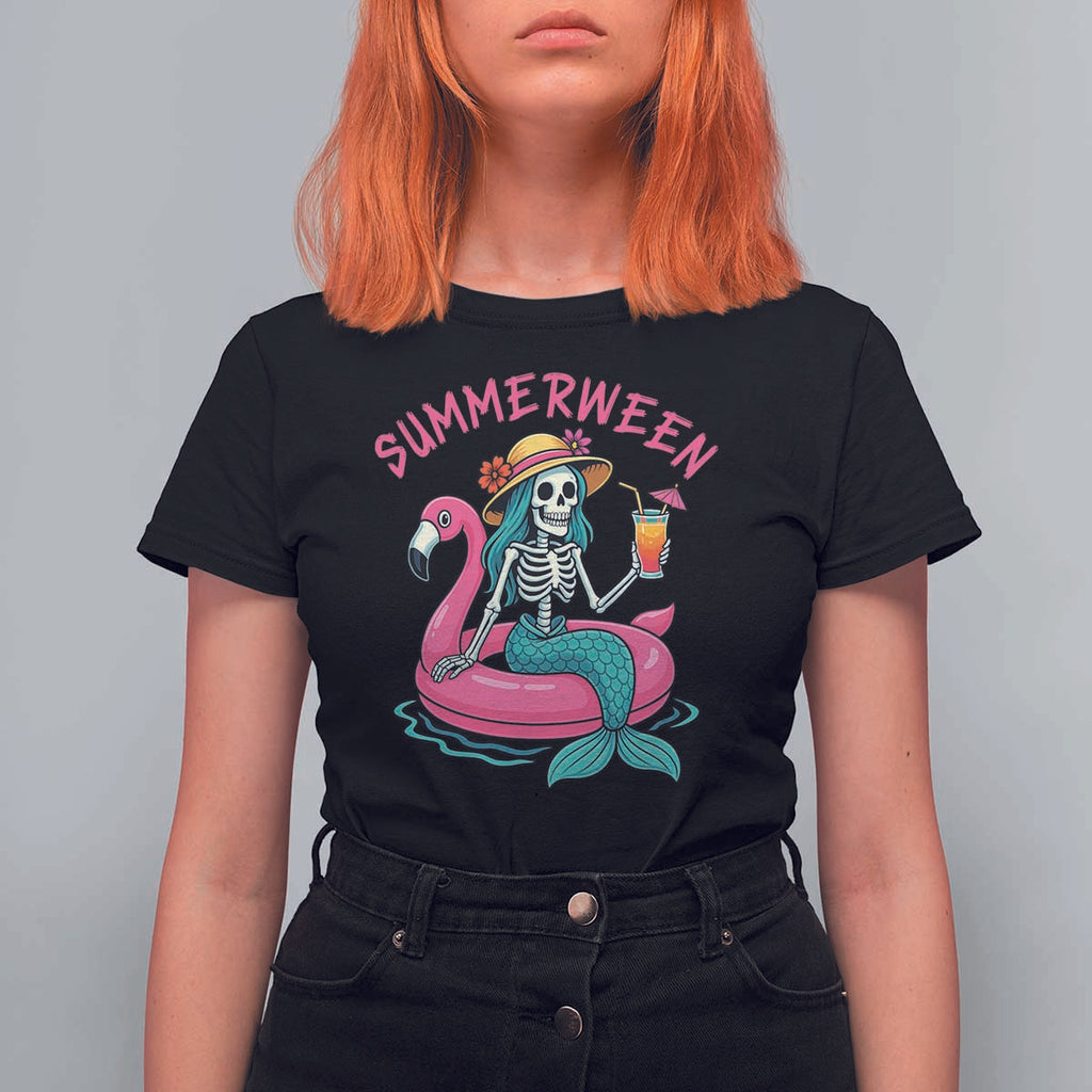 Summerween Skeleton Mermaid T Shirt For Women Flamingo Float Funny Spooky Summer Halloween Vibes - The Mazicc