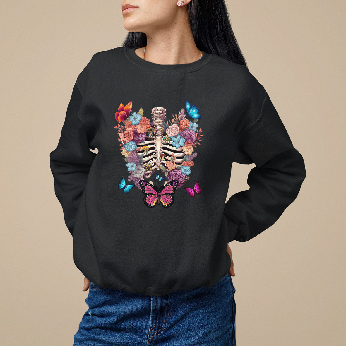 cottagecore-sweatshirt-vintage-goblincore-dark-academia-skeleton-with-flowers-cottagecore-style-nature-inspired-botanical