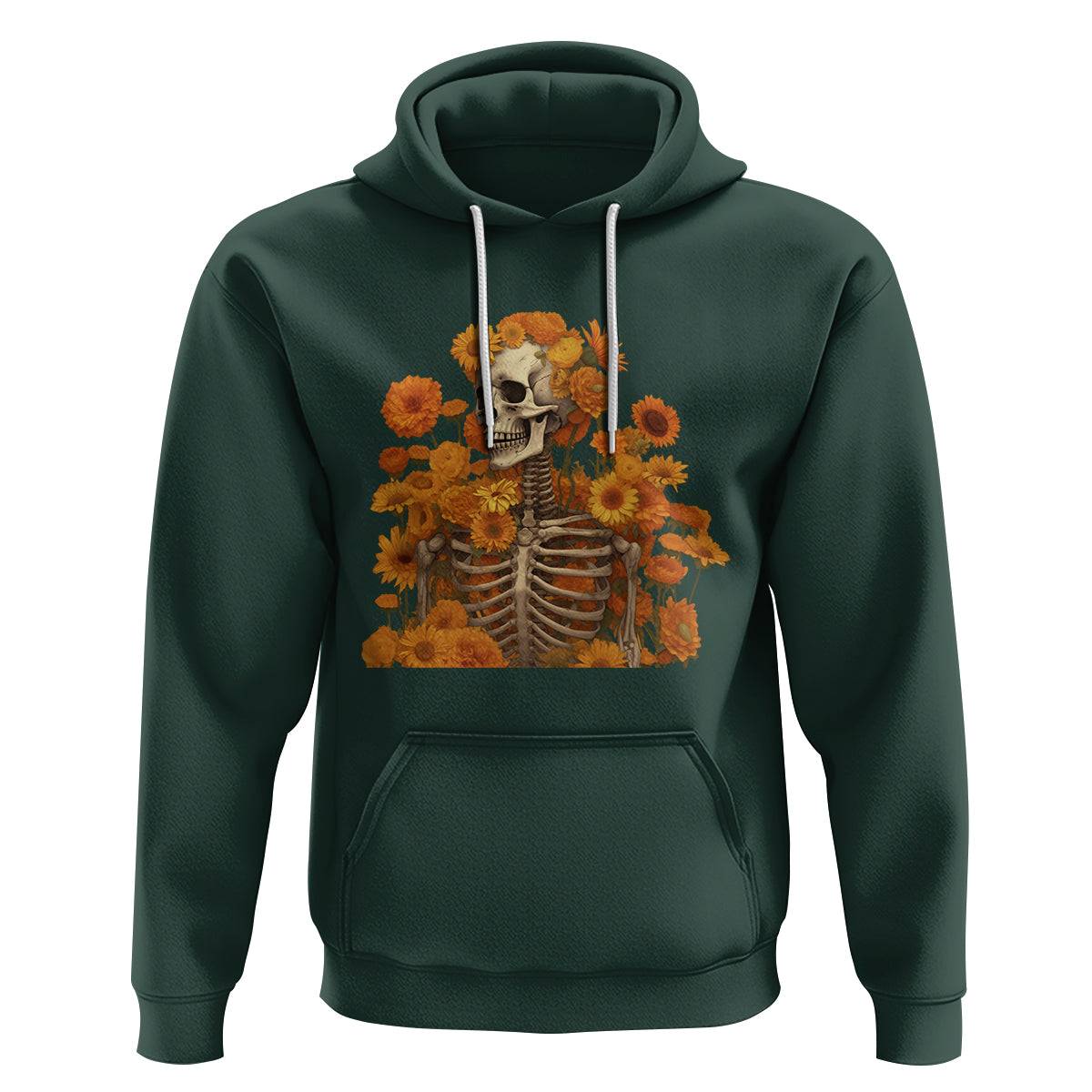 Floral Skeleton Hoodie Vintage Cottagecore Blooming Marigolds Sunflowers