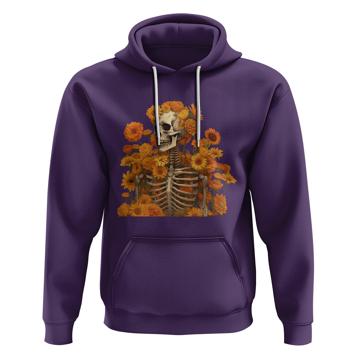 Floral Skeleton Hoodie Vintage Cottagecore Blooming Marigolds Sunflowers