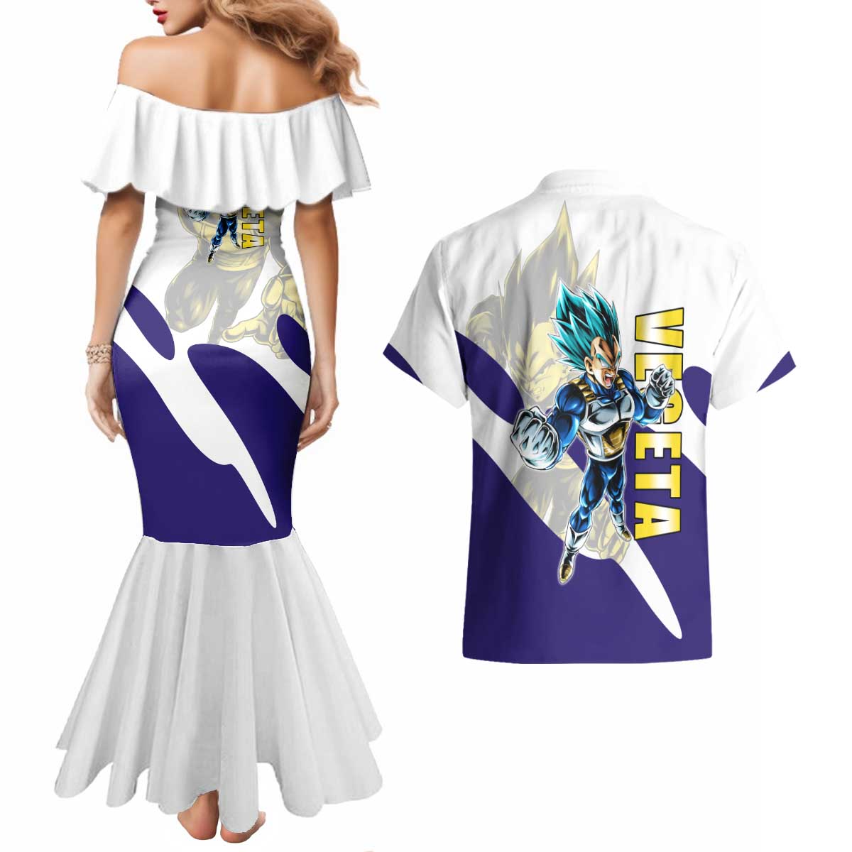 Vegeta Saiyan Warrior Couples Matching Mermaid Dress and Hawaiian Shirt Bold Anime Combat Style