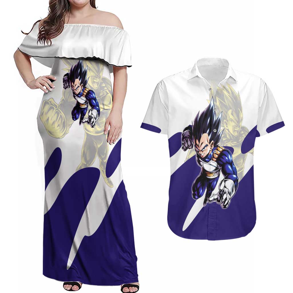 Vegeta Saiyan Warrior Couples Matching Off Shoulder Maxi Dress and Hawaiian Shirt Bold Anime Combat Style