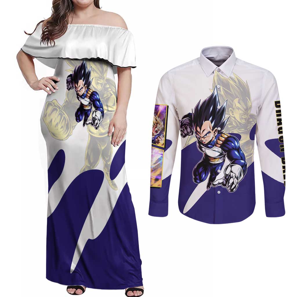 Vegeta Saiyan Warrior Couples Matching Off Shoulder Maxi Dress and Long Sleeve Button Shirt Bold Anime Combat Style